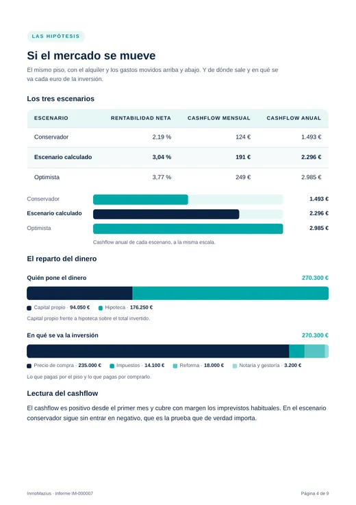 Página del informe con los tres escenarios y el reparto del dinero
