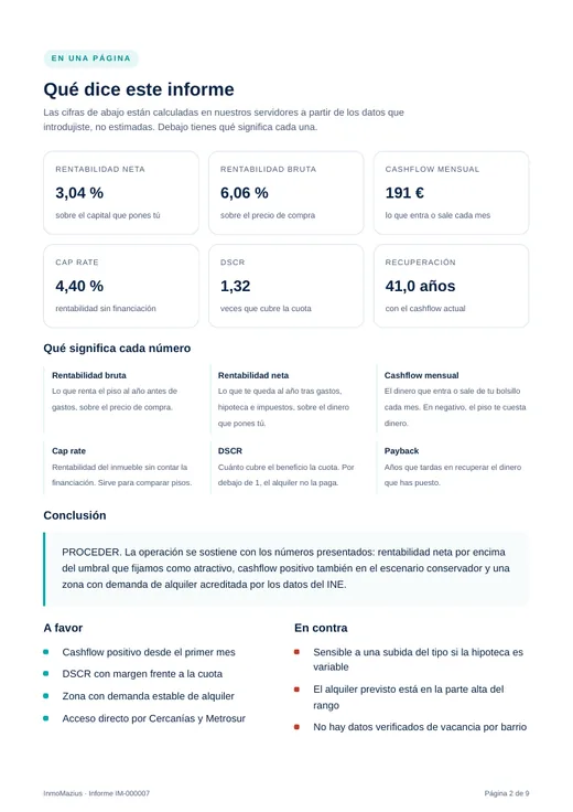 Página del informe con las seis métricas y la conclusión